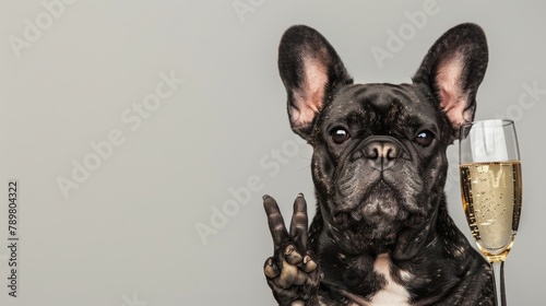 Frenchie holding a champagne glass with a peace sign © Sittipol 