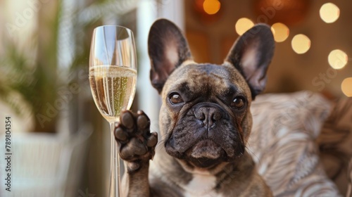 Frenchie holding a glass of champagne with his paw © Sittipol 