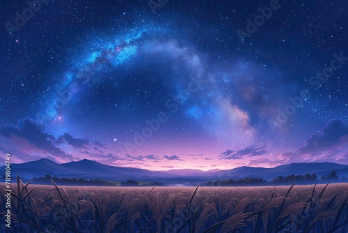 mountains in the background and an arching galaxy across the sky.