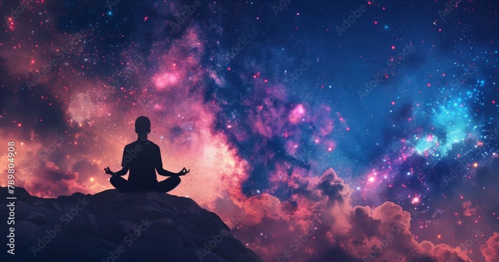 A silhouette of an adult meditating on the top, against the background of beautiful cosmic sky with stars and galaxies. Space for text or logo. The concept is yoga and meditation in nature.