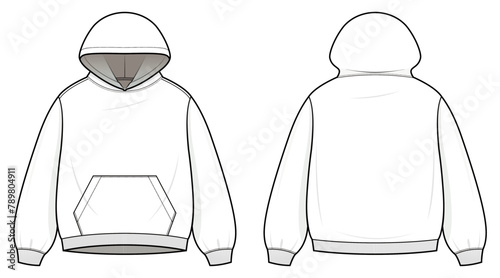 Hoodie technical fashion illustration. Hoodie vector template illustration. front and back view. oversized. drop shoulder. unisex. white color. CAD mockup.