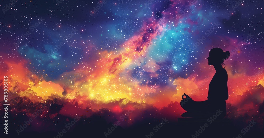 A silhouette of an adult meditating on the top, against the background of beautiful cosmic sky with stars and galaxies. Space for text or logo. The concept is yoga and meditation in nature. A silhouette of an adult meditating on the top, against the background of beautiful cosmic sky with stars and galaxies. Space for text or logo. The concept is yoga and meditation in nature.