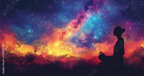 A silhouette of an adult meditating on the top, against the background of beautiful cosmic sky with stars and galaxies. Space for text or logo. The concept is yoga and meditation in nature.