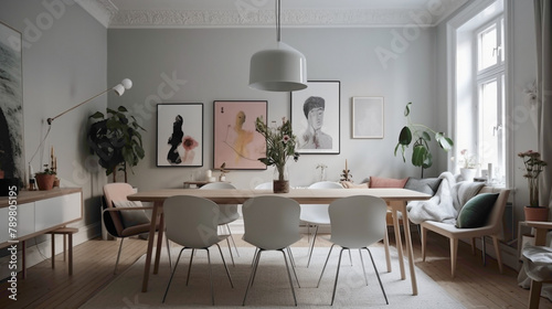 Immerse yourself in the harmonious ambiance of Scandinavian decor with two chrs  a central table  and an empty canvas agnst a backdrop of pure white. Delightful multi-colored parrots 