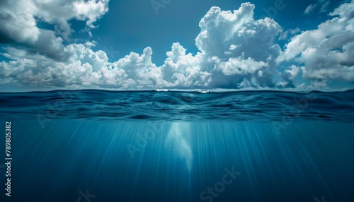 ocean water surface, dark blue ocean waves with sky background, sea horizon with clouds, ocean underwater view, sea wave, sea water surface, deep ocean