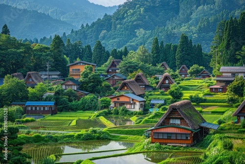 A serene countryside landscape dotted with colorful rice paddies and traditional farmhouses, showcasing Japan's rural charm.