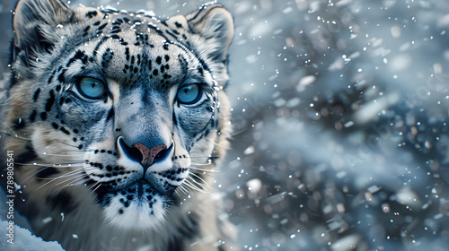 The snow leopard with blue eyes, a snowy background.