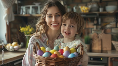 Photo of a mother and her child smiling at the camera while holding a basket of Easter eggs.