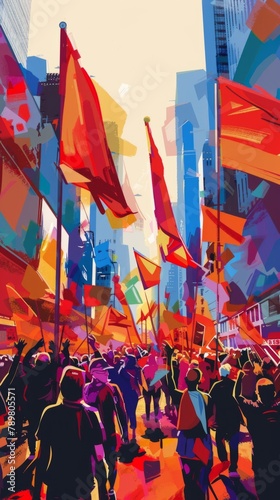 Diverse workers unite in vibrant rally, celebrating labor with dynamic energy.