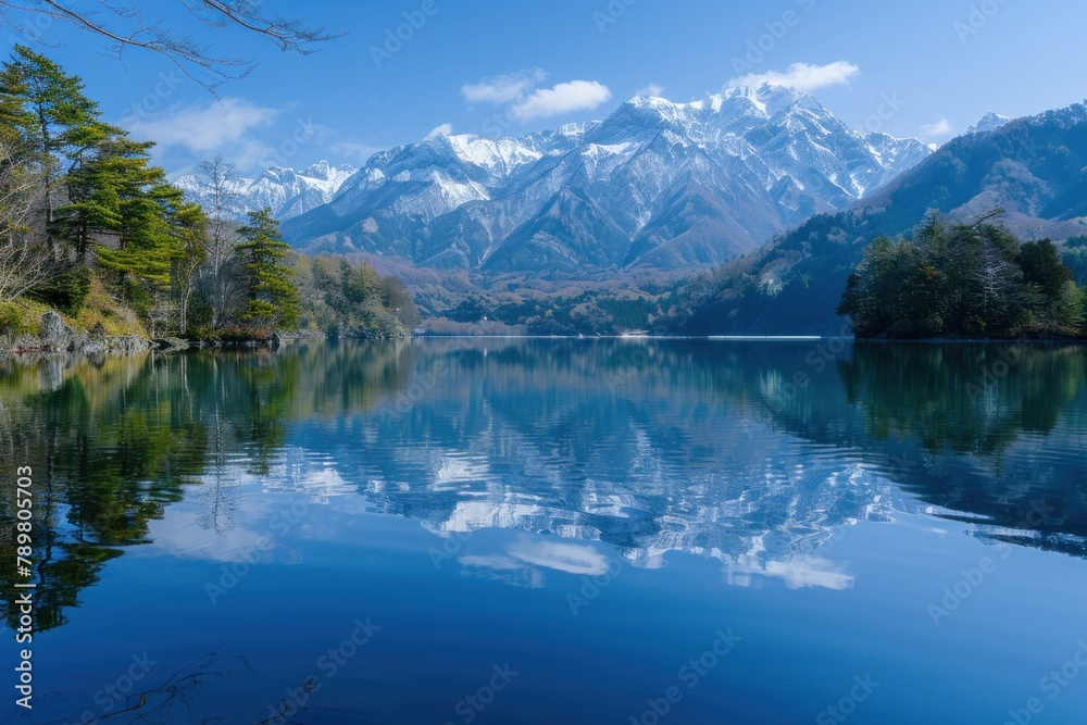 A tranquil lake reflecting the snow-capped peaks of the Japanese Alps, offering a serene escape from the hustle and bustle of city life.
