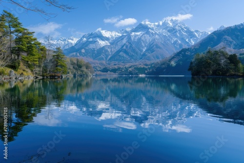 A tranquil lake reflecting the snow-capped peaks of the Japanese Alps, offering a serene escape from the hustle and bustle of city life.