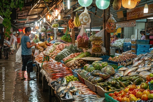 A vibrant market bustling with activity, where vendors sell fresh seafood, colorful produce, and traditional handicrafts, enticing visitors with sensory delights.