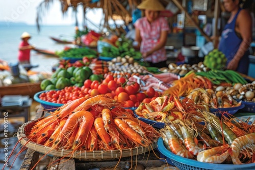 A vibrant market bustling with activity, where vendors sell fresh seafood, colorful produce, and traditional handicrafts, enticing visitors with sensory delights.