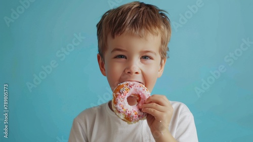 Portrait of a happy boy eating a donut on a blue background