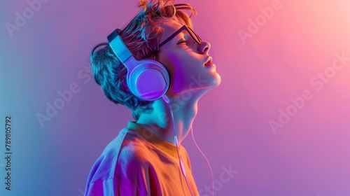 Portrait of a young man listening to music with headphones. photo
