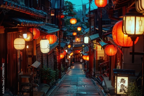 Lantern-lit streets of Kyoto's Gion district, where geisha gracefully glide through historic alleyways, preserving Japan's traditional arts. photo