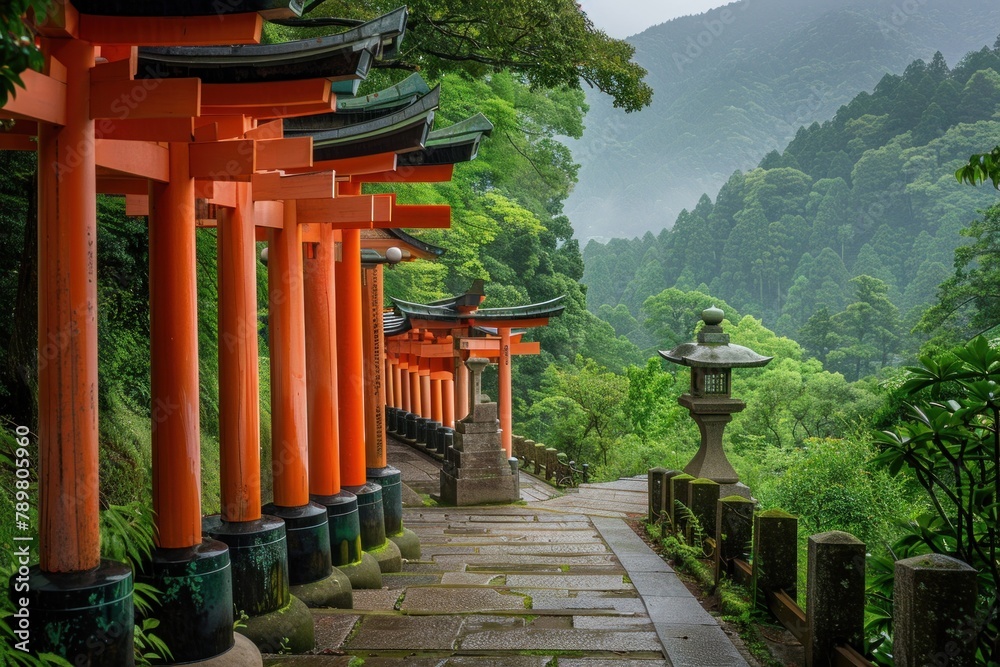 The iconic red torii gates of Fushimi Inari Shrine winding up a lush ...