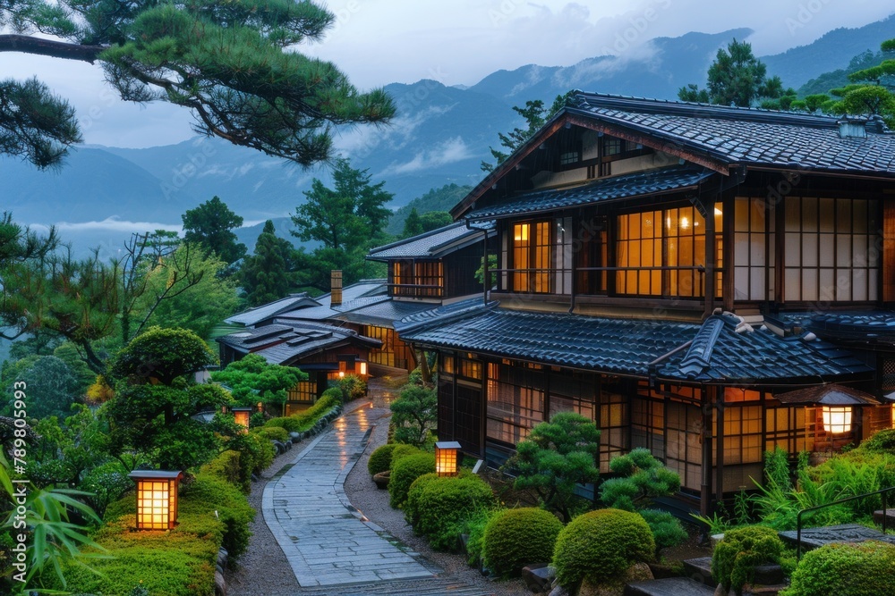 Traditional Japanese ryokan nestled in the mountains, offering a peaceful retreat with hot springs, tatami rooms, and kaiseki cuisine.