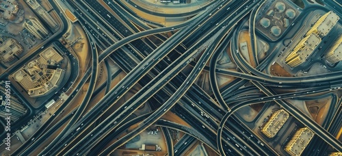 A complex network of intersecting highways, creating a mesmerizing urban tapestry. The photo captures the intricate details of roads, overpasses, and supporting structures.