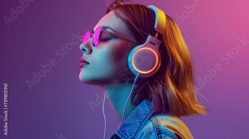 Portrait of a young woman listening to music with headphones. photo
