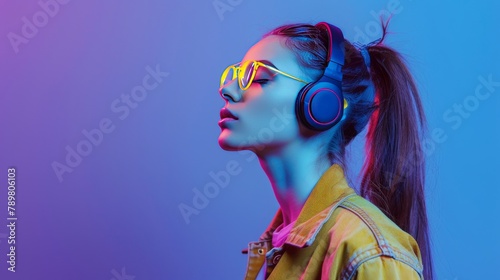 Portrait of a young woman with closed eyes listening to music with headphones. © Sittipol 