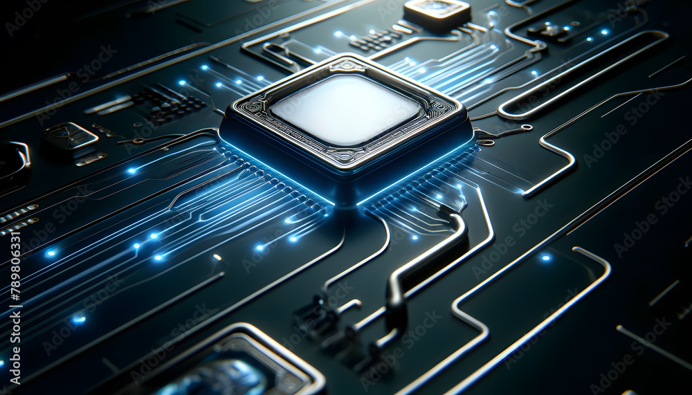 A CPU on a motherboard, elegantly highlighted with radiant neon light trails in a minimalist setting. The design emphasizes the sleekness and power of modern technology. A CPU on a motherboard, elegantly highlighted with radiant neon light trails in a minimalist setting. The design emphasizes the sleekness and power of modern technology.