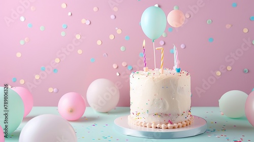 Colorful first-year birthday cake celebration on isolated pastel background photo
