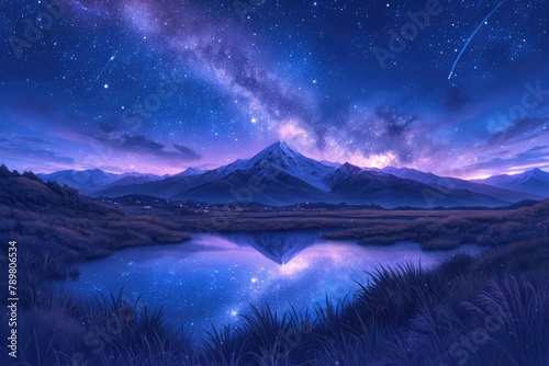mountains in the background and an arching galaxy across the sky.