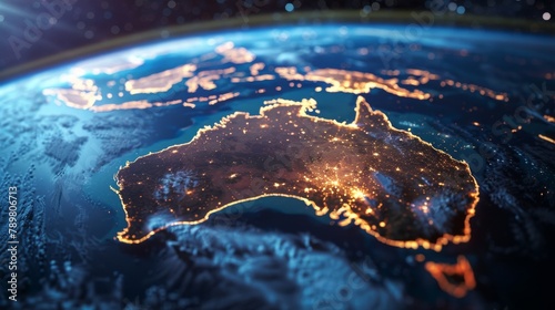 The image shows a night view of the Earth from space, with a focus on Australia. photo