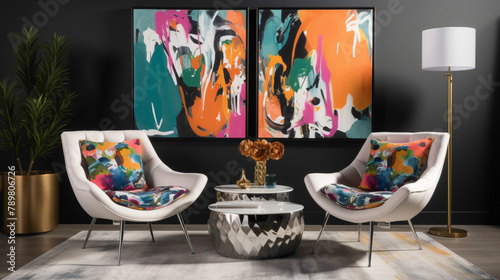 Immerse yourself in a vibrant lounge haven featuring two sleek chrs, an empty frame, and lively graphic prints adding vibrancy to the space. The combination of modern design and energetic  photo