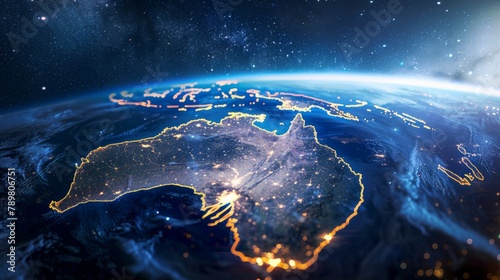 The image shows a night view of the Earth from space. The continent of Australia is clearly visible, with its major cities lit up. photo