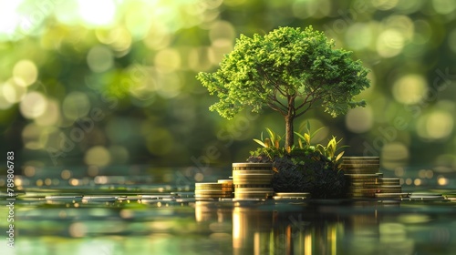 The image shows a tree growing on a pile of golden coins, symbolizing the growth of wealth and prosperity.