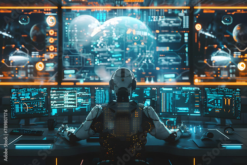 AI job replacement. Artificial intelligence robot Android that operates multiple computers and screens. Futuristic science fiction environment, future factory.