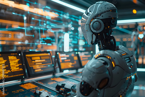 AI job replacement. Artificial intelligence robot Android that operates multiple computers and screens. Futuristic science fiction environment, future factory.