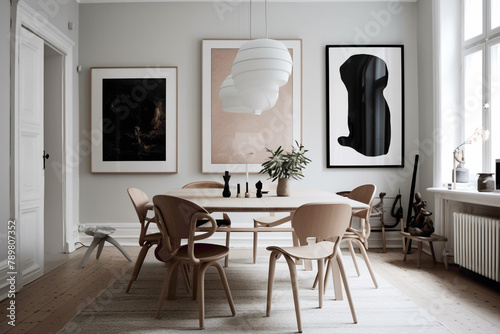 Immerse yourself in a serene Scandinavian space featuring chrs of varied colors gathered around a table, while an empty canvas on the wall invites a sense of calm and tranquility to the room. photo