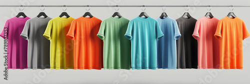 Close up of Colorful t-shirts on hangers,Collection of colorful rainbow t-shirts hanging on wooden clothes hanger on clothing rack