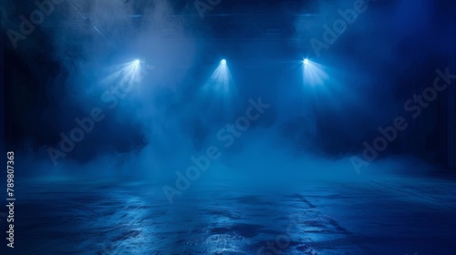 Three spotlights on an empty stage with smoke. © Sittipol 