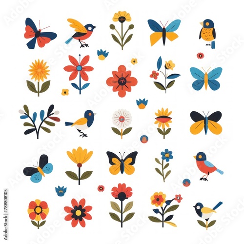 A collection of colorful flowers and butterflies