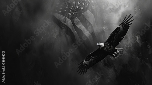 A bald eagle soars in front of an American flag.