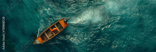 overhead view of A stoic fisherman smiling broadly as he tells stories of his biggest catch, hyperrealistic travel photography, copy space for writing photo