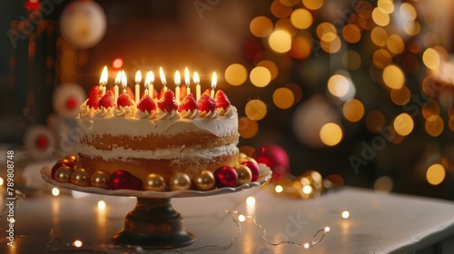 Breathtaking birthday delight  exquisite cake with glowing candles amidst festive illumination