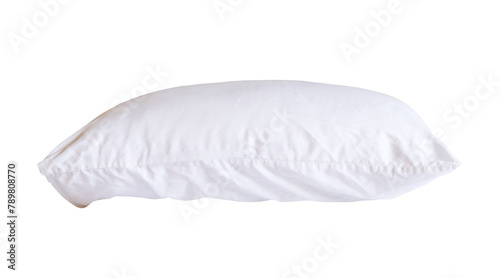 Side view of white pillow with case after guest's use in hotel or resort room isolated on white background with clipping path. Concept of comfortable and happy sleep in daily life