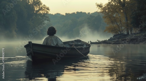 A boy rowing a boat on a river on a foggy day.
