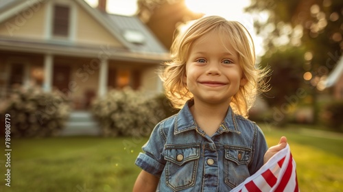 A blonde toddler girl in an unbuttoned jean jacket is smiling while holding an American flag in her right hand in front of a house. photo