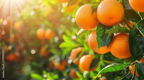 Ripe Oranges Hanging on a Sunlit Tree