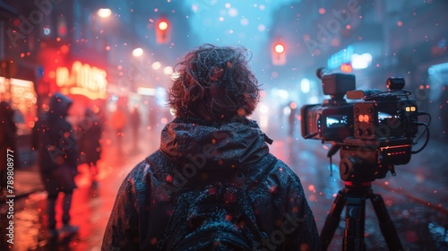 A photojournalist is standing with a camera in the middle of a snowy street. photo