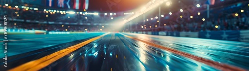 A view of a drag strip at night, with a blurred background of lights.
