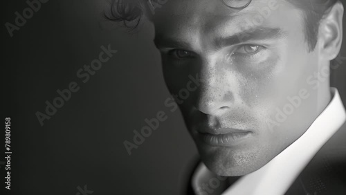 A man with defined cheekbones and a sharp jawline looks effortlessly sophisticated in a black and white portrait his serious expression softened by the elegant simplicity of the monochromatic . photo