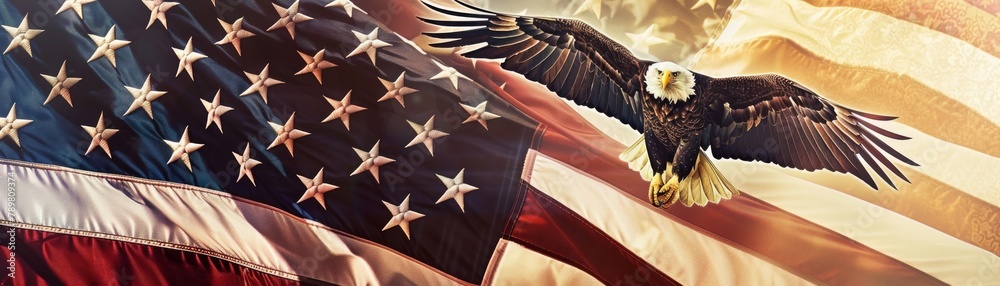 Fototapeta premium An eagle soars over the American flag.