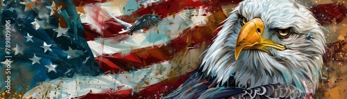 An artistic rendering of an eagle's head imposed over an American flag. photo
